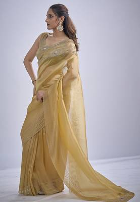 Mustard sequin embellished border work silk saree for women 2
