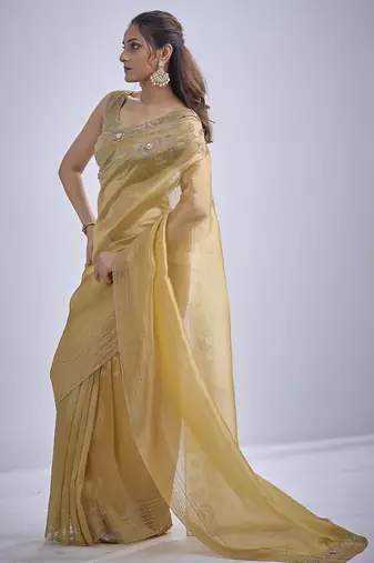 Mustard sequin embellished border work silk saree for women