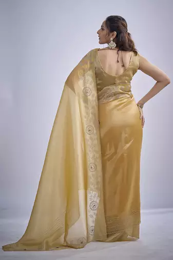Mustard sequin embellished border work silk saree for women