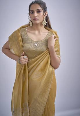 Mustard sequin embellished border work silk saree for women 4