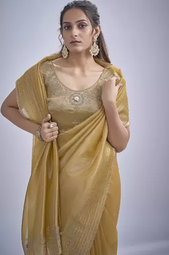 Mustard sequin embellished border work silk saree for women