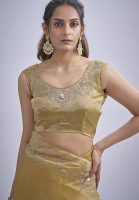 Mustard sequin embellished border work silk saree for women 5