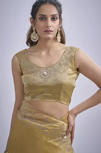 Mustard sequin embellished border work silk saree for women