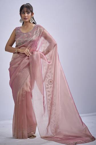 Pink sequin embellished border work silk saree for women