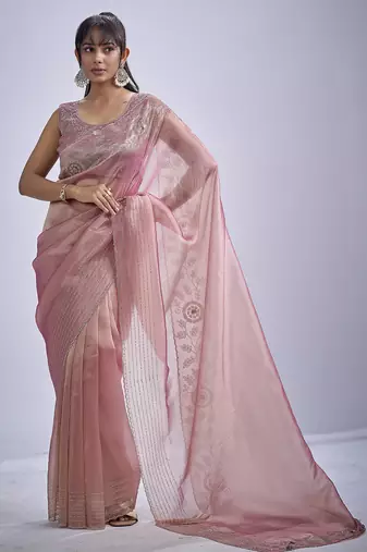 Pink sequin embellished border work silk saree for women