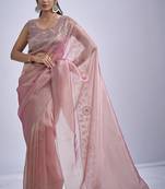 Pink sequin embellished border work silk saree for women