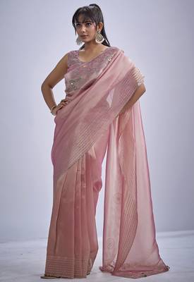 Pink sequin embellished border work silk saree for women 2