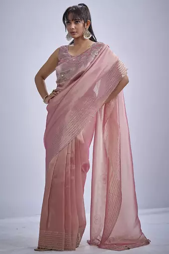Pink sequin embellished border work silk saree for women