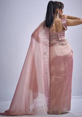 Pink sequin embellished border work silk saree for women 3