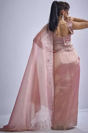 Pink sequin embellished border work silk saree for women