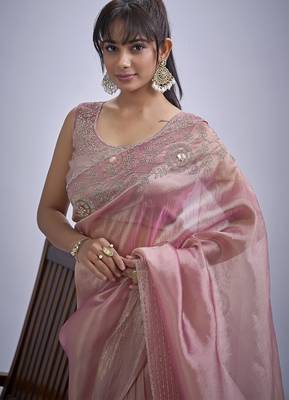 Pink sequin embellished border work silk saree for women 4