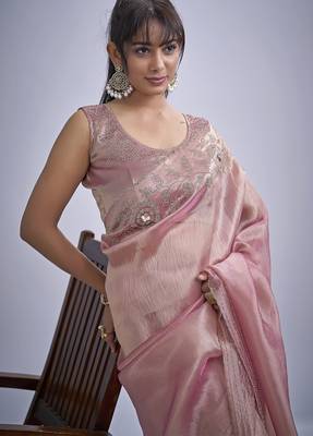 Pink sequin embellished border work silk saree for women 5