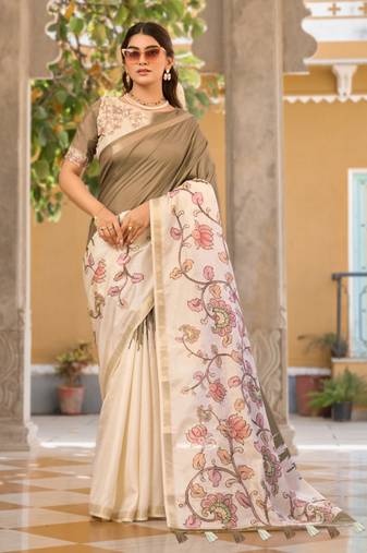 Beige  silk blend party wear saree