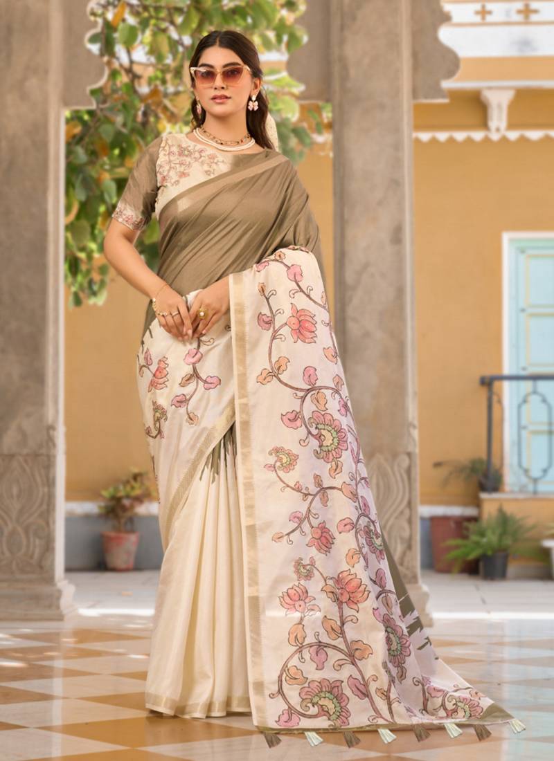 Beige  silk blend party wear saree