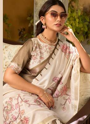 Beige  silk blend party wear saree 4