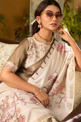 Beige  silk blend party wear saree