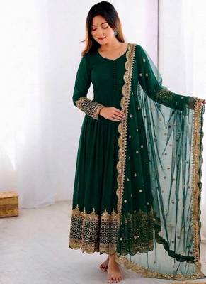 Women's faux georgette embroidered sequence work gown with net dupatta ready to wear 1
