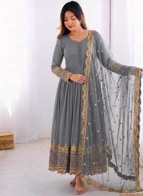 Women's faux georgette embroidered sequence work gown with net dupatta ready to wear 1