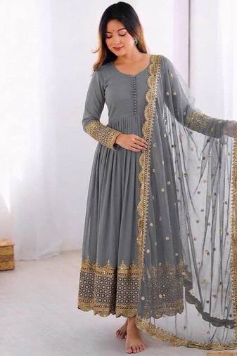 Women's faux georgette embroidered sequence work gown with net dupatta ready to wear
