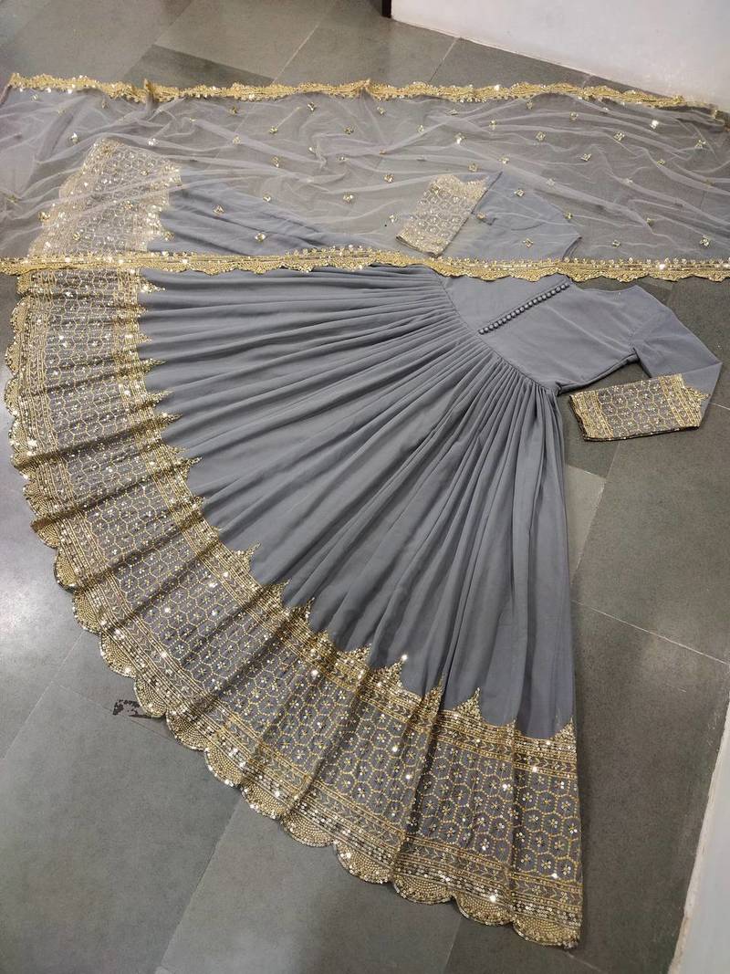 Women's faux georgette embroidered sequence work gown with net dupatta ready to wear
