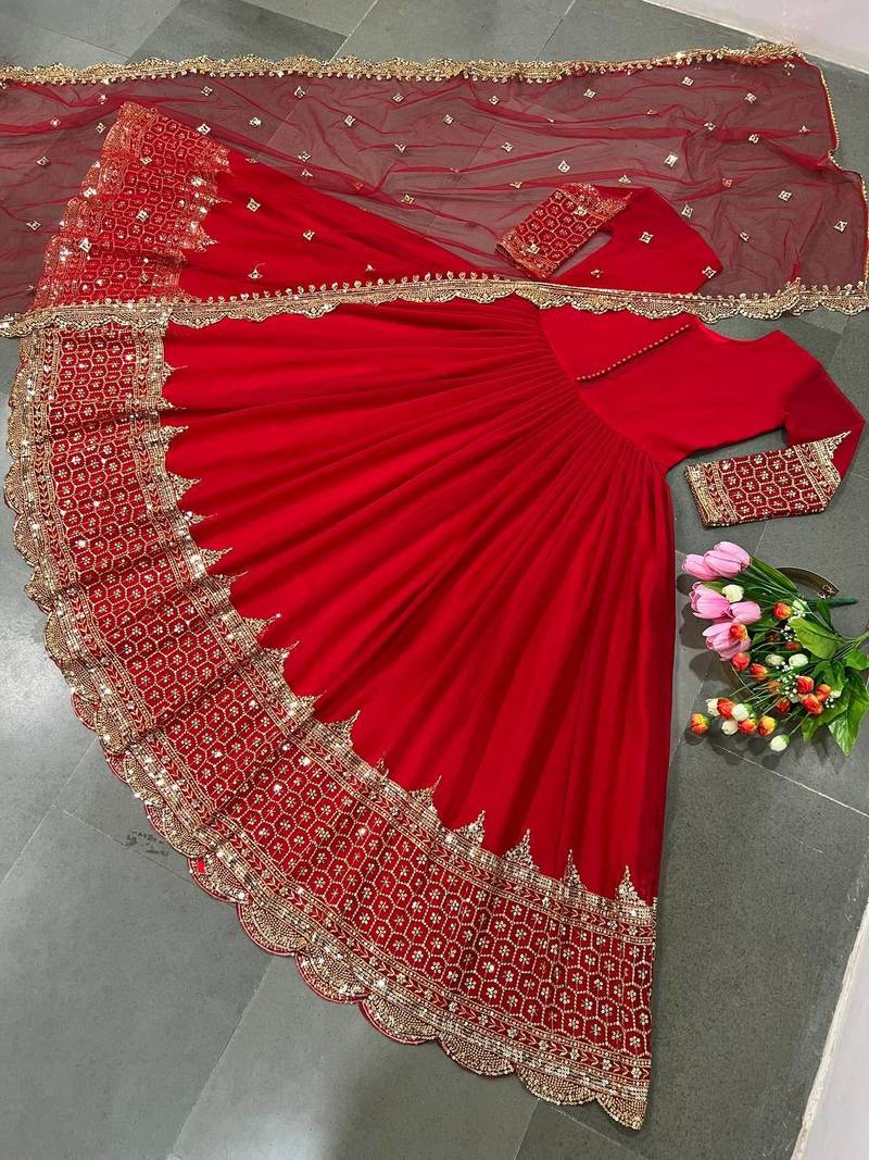 Women's faux georgette embroidered sequence work gown with net dupatta ready to wear