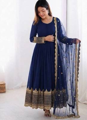 Women's faux georgette embroidered sequence work gown with net dupatta ready to wear 1