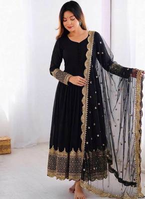 Women's faux georgette embroidered sequence work gown with net dupatta ready to wear 1