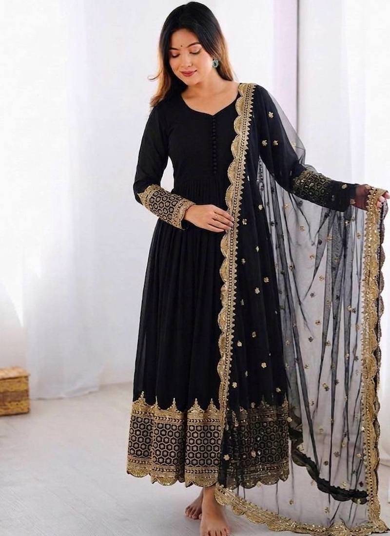 Women's faux georgette embroidered sequence work gown with net dupatta ready to wear