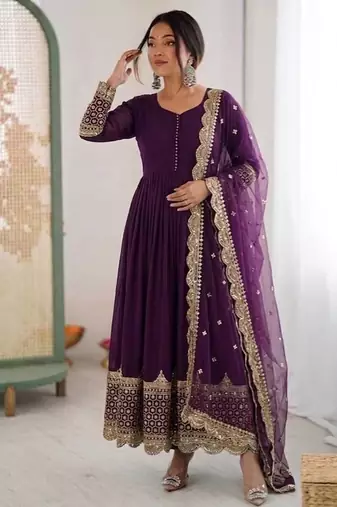 Women's faux georgette embroidered sequence work gown with net dupatta ready to wear