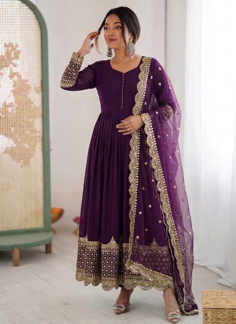 Women's faux georgette embroidered sequence work gown with net dupatta ready to wear