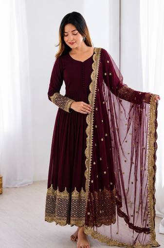 Women's faux georgette embroidered sequence work gown with net dupatta ready to wear