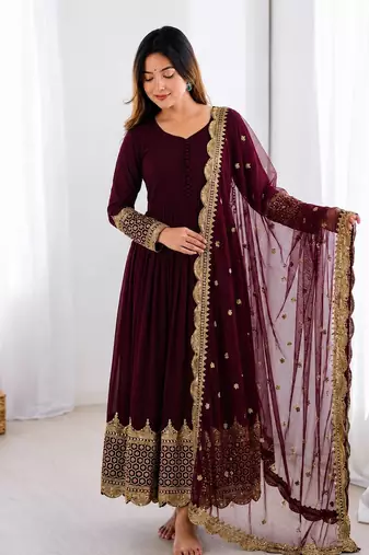 Women's faux georgette embroidered sequence work gown with net dupatta ready to wear