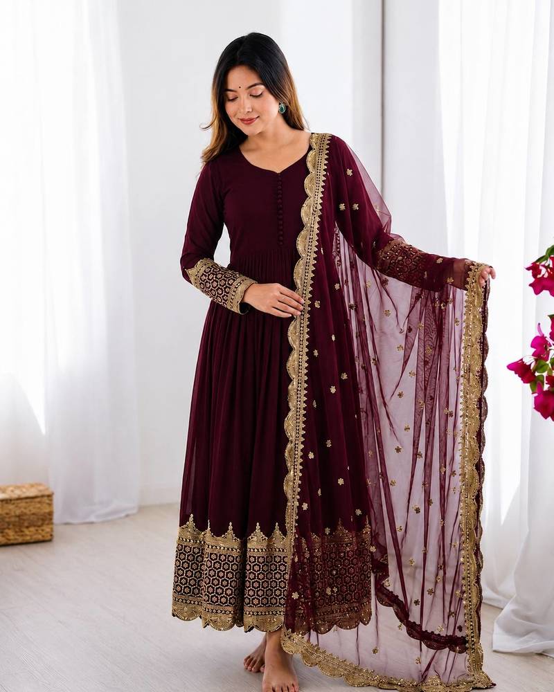 Women's faux georgette embroidered sequence work gown with net dupatta ready to wear