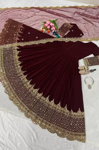 Women's faux georgette embroidered sequence work gown with net dupatta ready to wear
