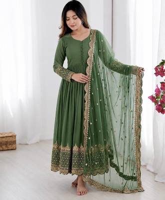 Women's faux georgette embroidered sequence work gown with net dupatta ready to wear 1