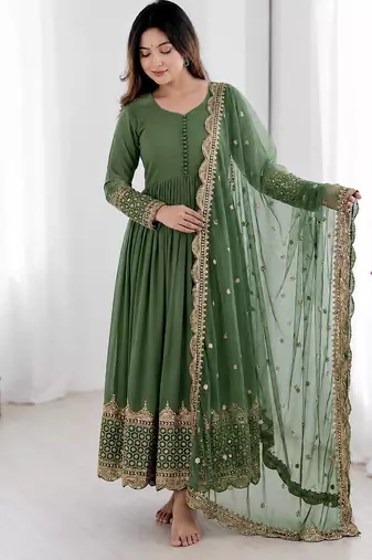 Women's faux georgette embroidered sequence work gown with net dupatta ready to wear