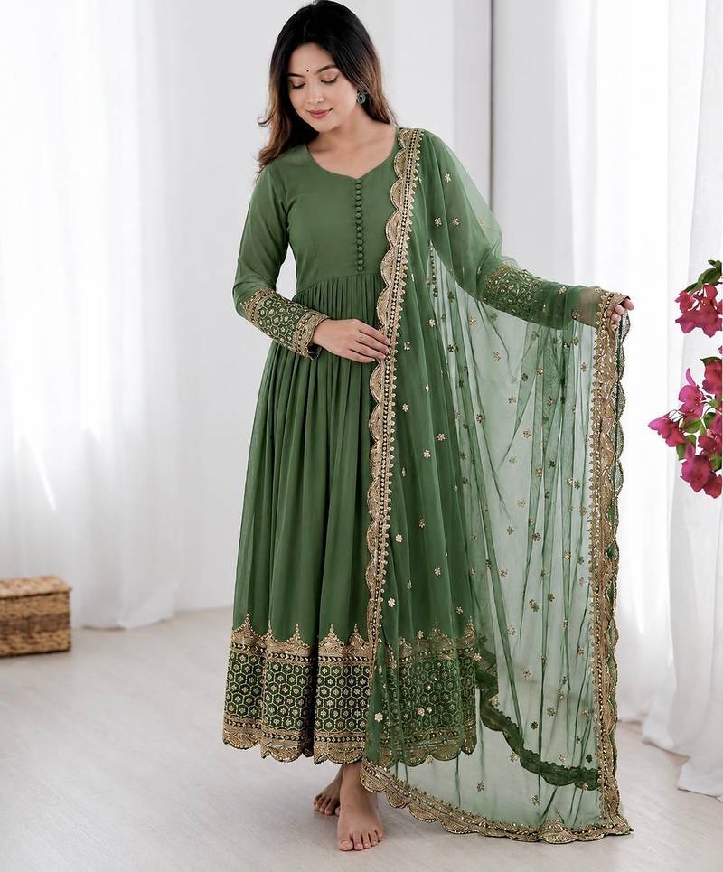 Women's faux georgette embroidered sequence work gown with net dupatta ready to wear