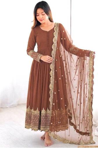 Women's faux georgette embroidered sequence work gown with net dupatta ready to wear