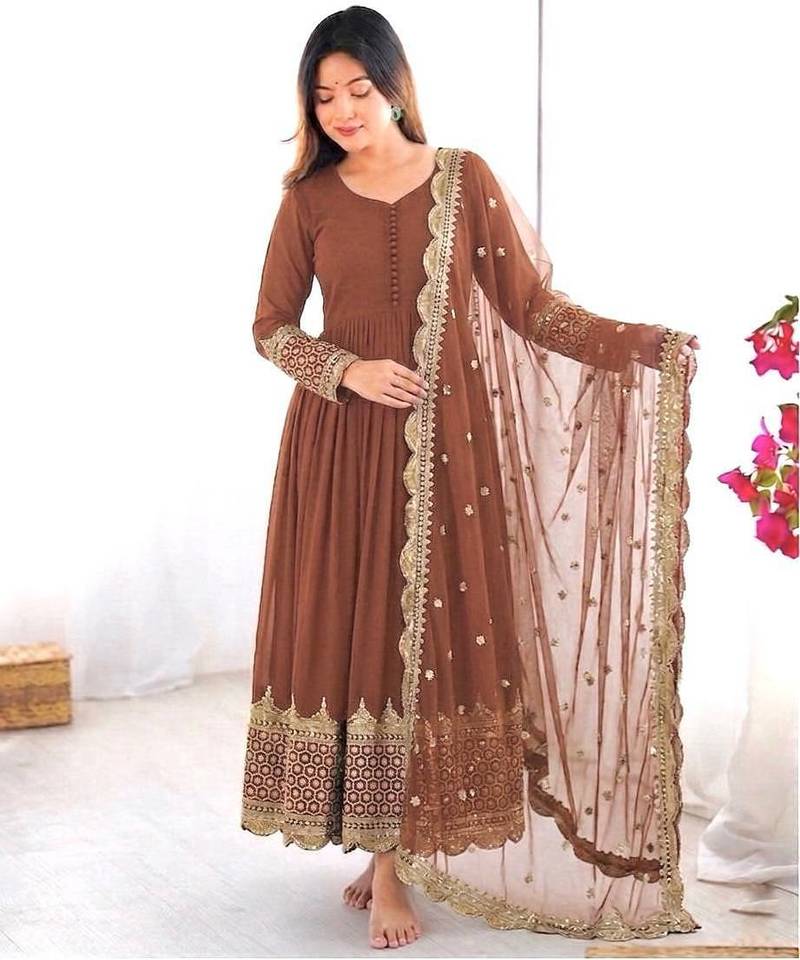 Women's faux georgette embroidered sequence work gown with net dupatta ready to wear