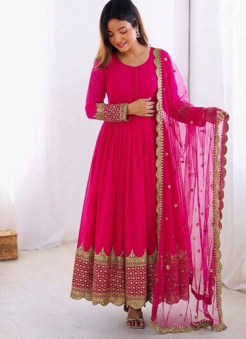 Women's faux georgette embroidered sequence work gown with net dupatta ready to wear