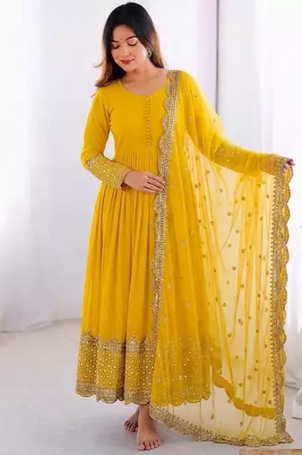 Women's faux georgette embroidered sequence work gown with net dupatta ready to wear
