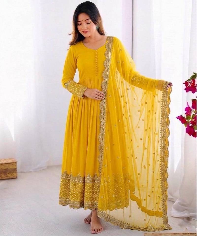 Women's faux georgette embroidered sequence work gown with net dupatta ready to wear