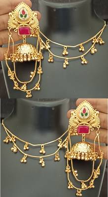 Moissanite stones ghungroo brass kashmiri earrings with kaan chain 1