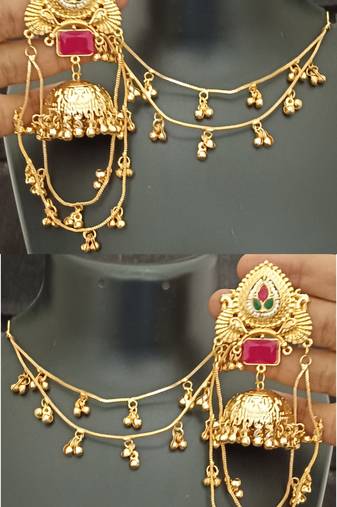 Moissanite stones ghungroo brass kashmiri earrings with kaan chain