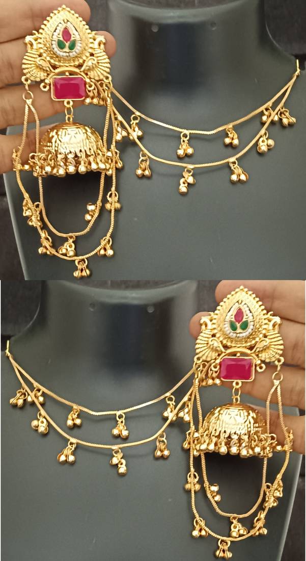 Moissanite stones ghungroo brass kashmiri earrings with kaan chain