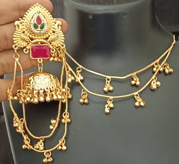Moissanite stones ghungroo brass kashmiri earrings with kaan chain 2