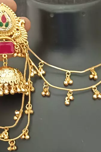 Moissanite stones ghungroo brass kashmiri earrings with kaan chain