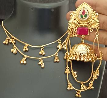 Moissanite stones ghungroo brass kashmiri earrings with kaan chain 3