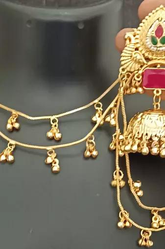 Moissanite stones ghungroo brass kashmiri earrings with kaan chain