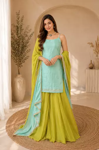 Designer chinon silk palazzo suit set with sequence thread work dupatta for women